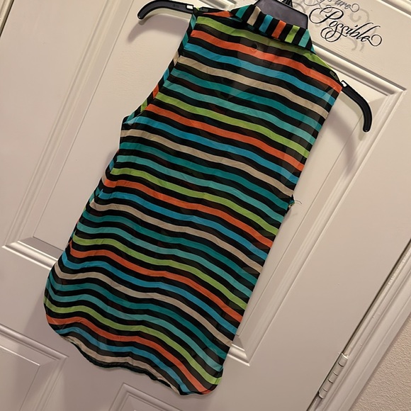 Catch My I -Striped button up sheer polyester sleeveless top / Size L /L-50 - Picture 6 of 7